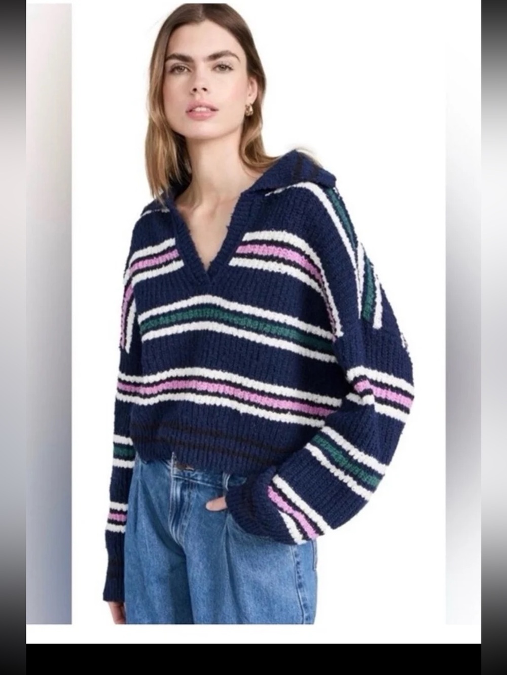 Free People Kennedy Striped Pullover Knit Sweater Navy Blue Pink Size Small - Picture 6 of 12